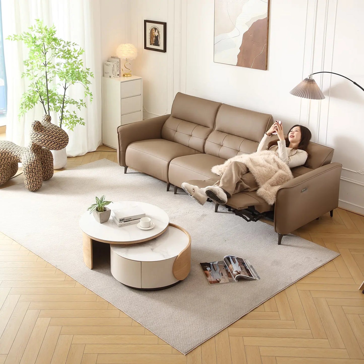 Luxury Classic Ecological Leather Sofa Set Space Saving Telescopic Dual Purpose Set Living Room Sofa Marsiling Furniture