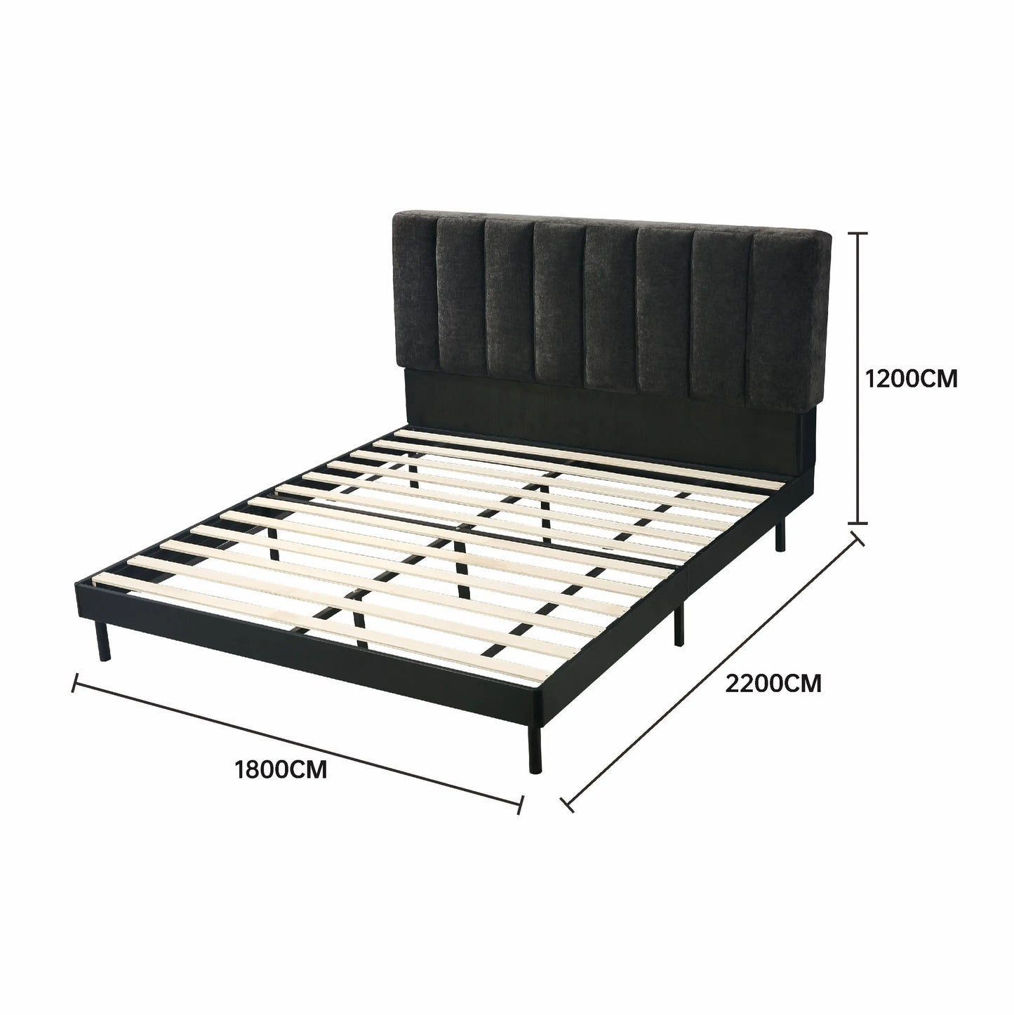 Luxury Black Upholstered Bed Frame Box-Stitched Headboard Wood Slats Marsiling