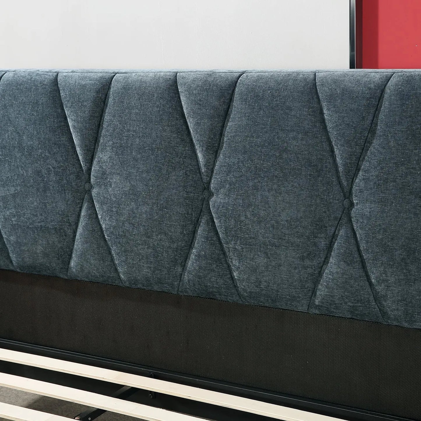 Geometric-Stitched Upholstered Bed Dark Luxe Headboard Wood Slats One Box Marsiling