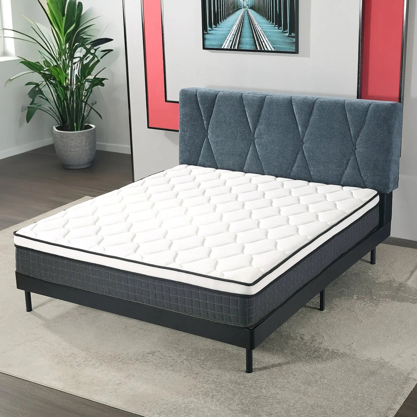Geometric-Stitched Upholstered Bed Dark Luxe Headboard Wood Slats One Box Marsiling