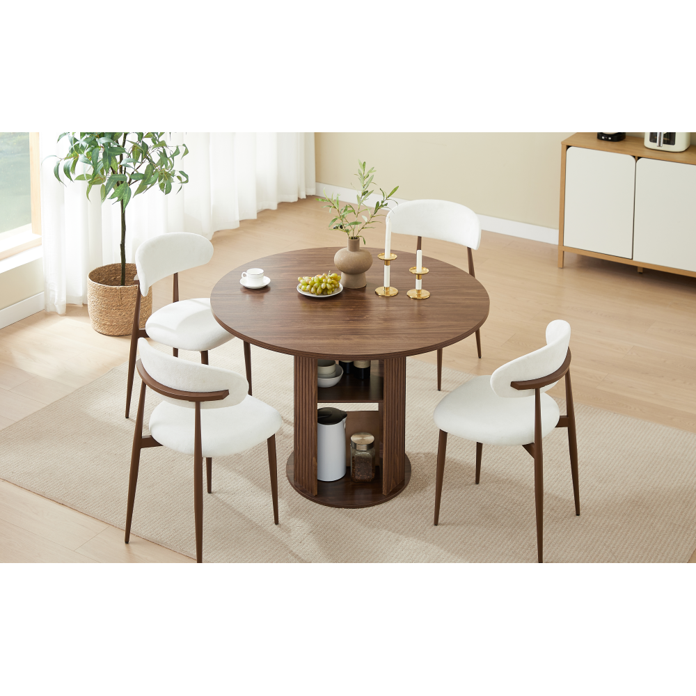 47.24" Round Dining Table (Serves 2–4) with 2 Dining Chairs Blends modern and farmhouse styles, featuring a double-tiered storage shelf, suitable for dining rooms or living spaces.Walnut