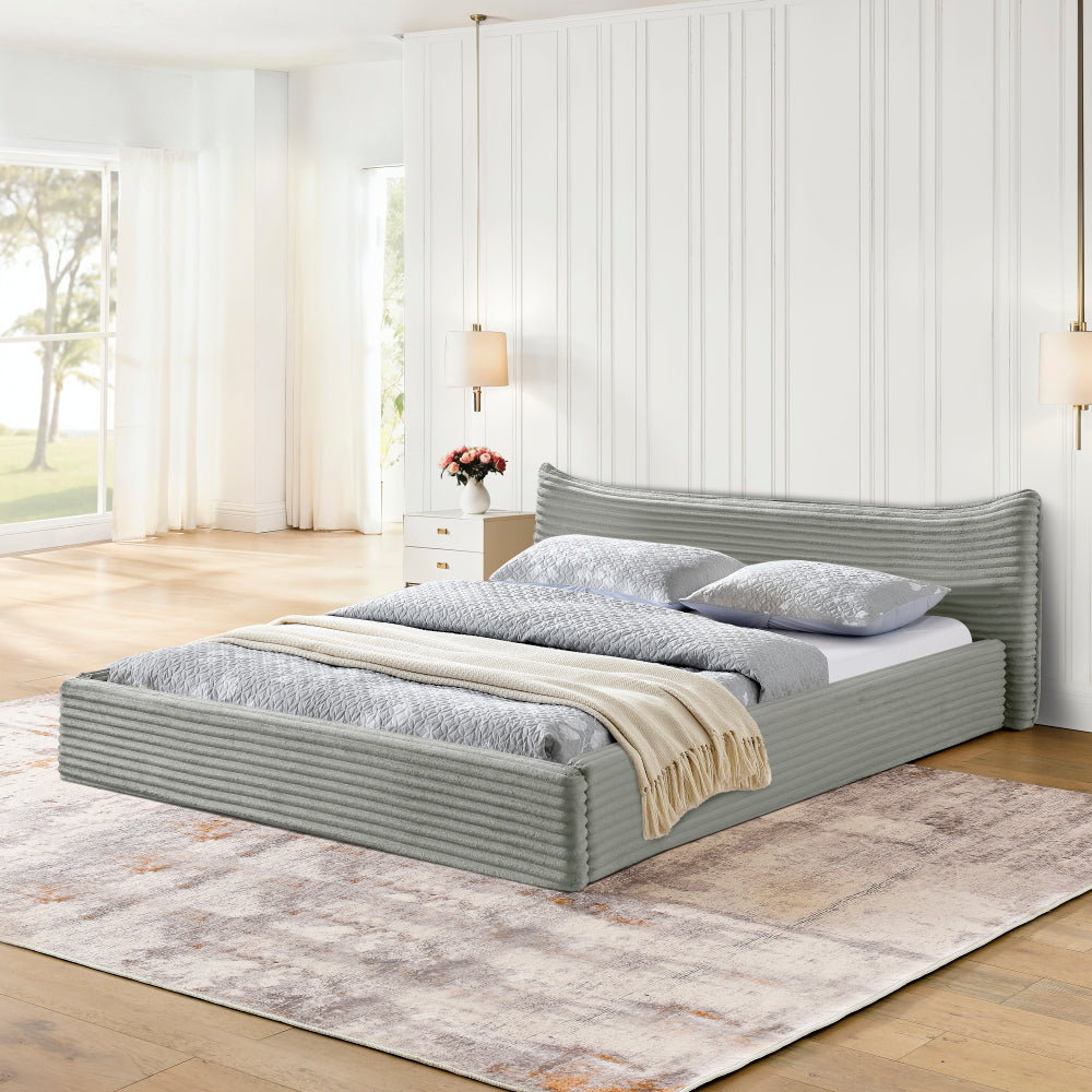 Queen Size Upholstered Bed Frame And velvet fabric,Grounded Platform Bed with Decorative Curved Headboard and Solid Wood Frame, No Box Spring Required-Beige(68''*87.75''*24.25'')