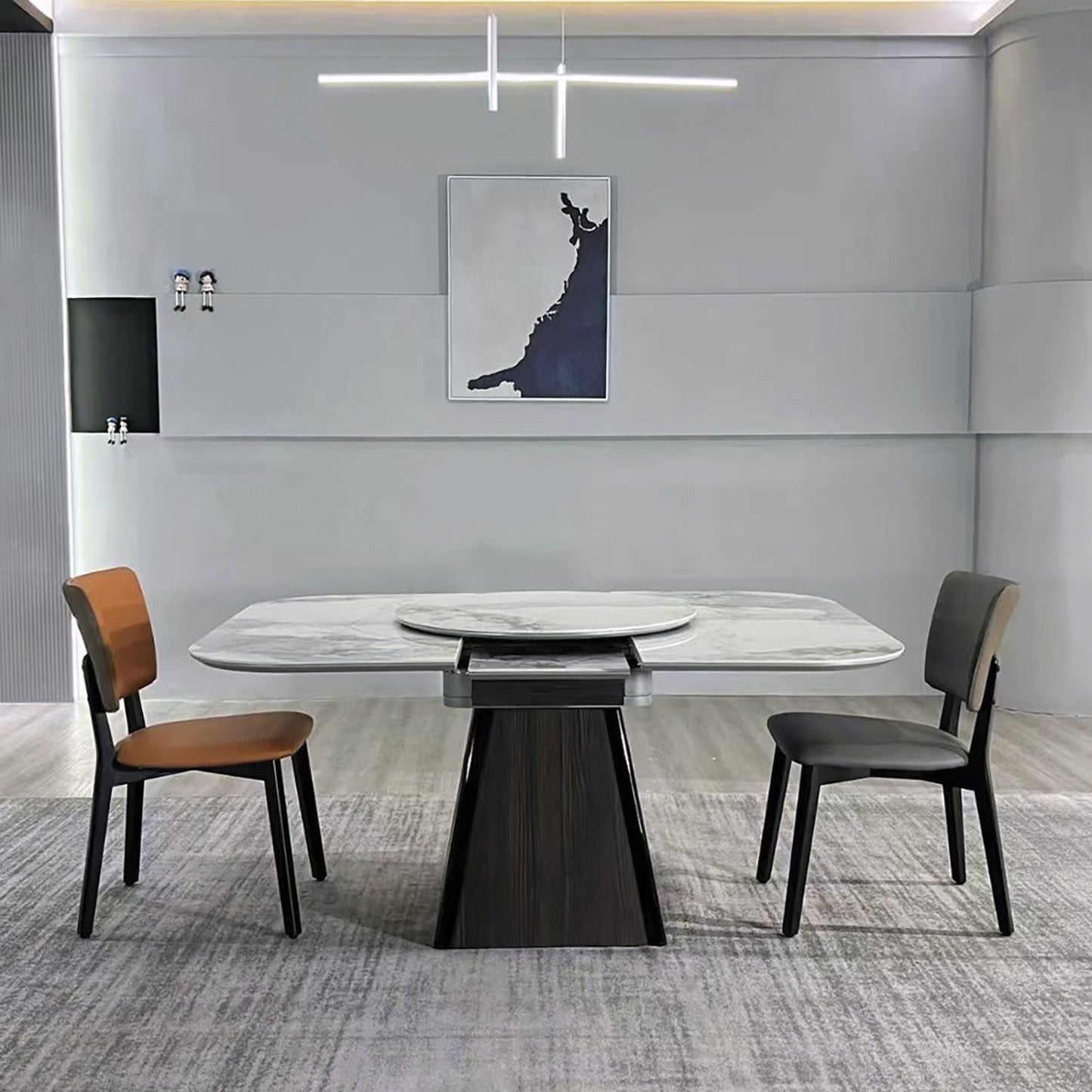 Extendable Microlite Top Round Dining Table w/ Lazy Susan Rounded Corners