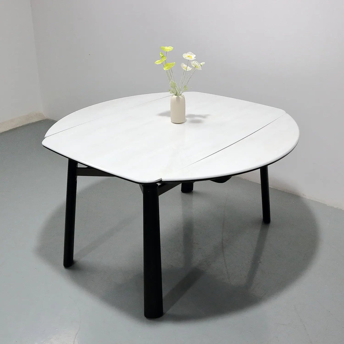White Microlite Table - Expandable Rectangle to Round with Solid Wood Legs Marsiling