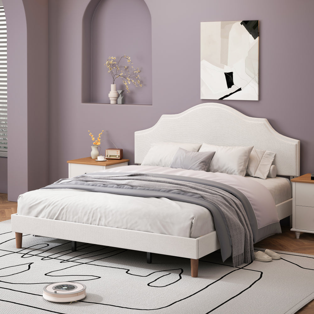 Queen Size Bed Frame Upholstered Platform Bed with Adjustable Headboard,Linen Fabric Padded,Modern Simple Style Platform Bed No Box Spring Needed, Easy Assembly, Beige