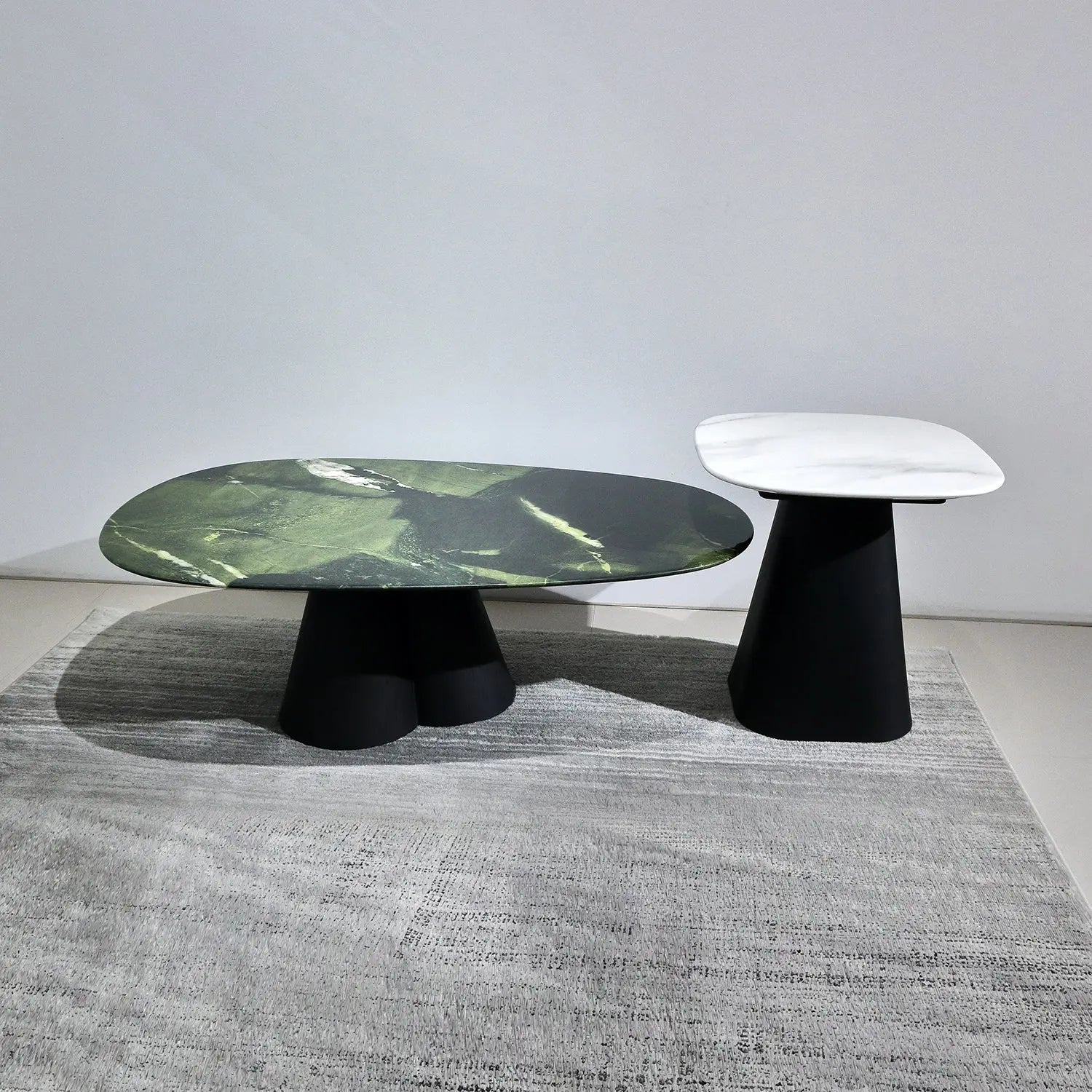 Avocado Green Natural Marble Coffee Table Set with Retro Round Black Base 2051 Marsiling Furniture