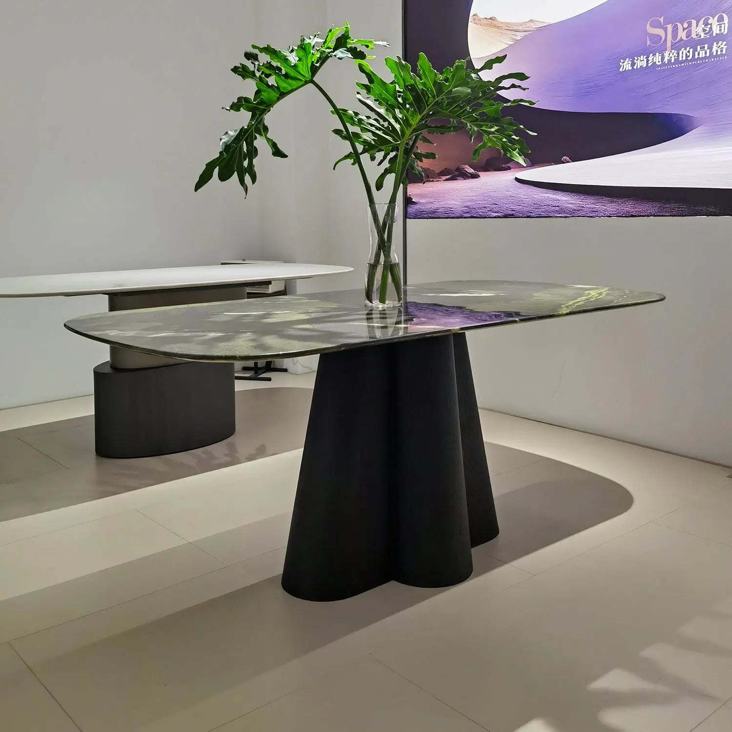 Avocado Green Modern Marble Dining Table with Sculptural Carbon Black Base 2501 Marsiling Furniture