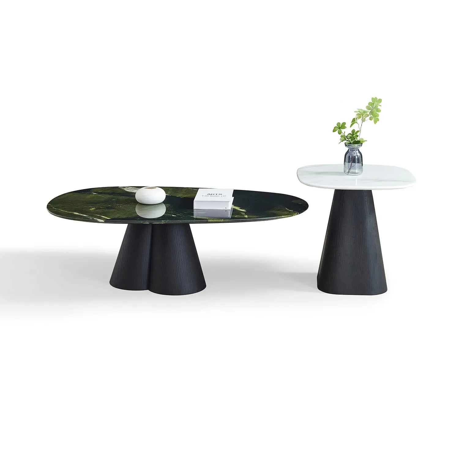 Avocado Green Natural Marble Coffee Table Set with Retro Round Black Base 2051 Marsiling Furniture