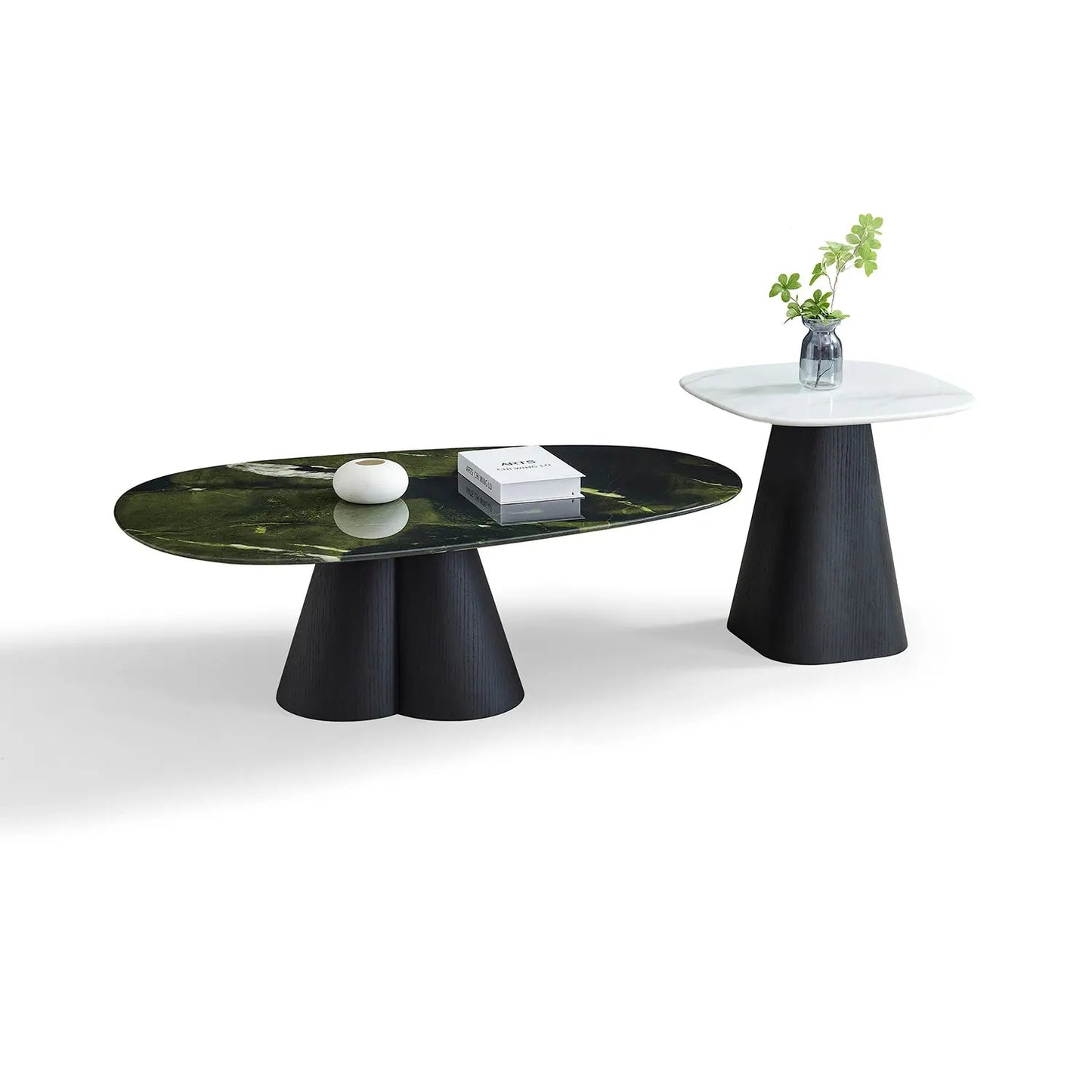 Avocado Green Natural Marble Coffee Table Set with Retro Round Black Base 2051 Marsiling Furniture