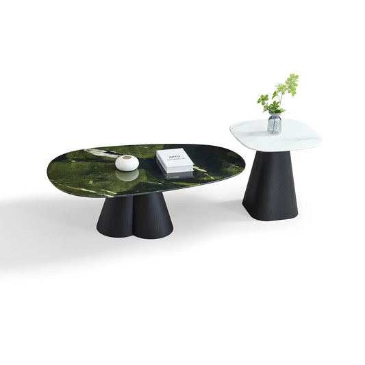 Avocado Green Natural Marble Coffee Table Set with Retro Round Black Base 2051 Marsiling Furniture