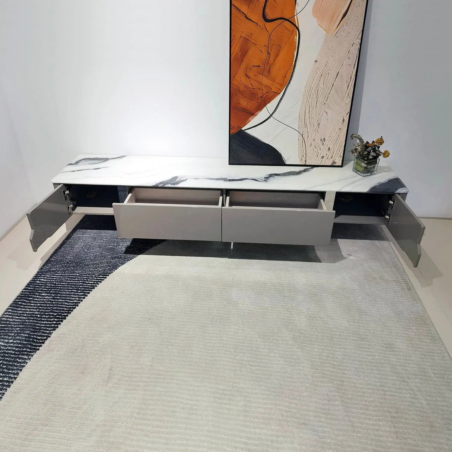 Modern Natural Marble Entertainment Center TV Table and Coffee Table Set for Living Room 2405 Marsiling Furniture