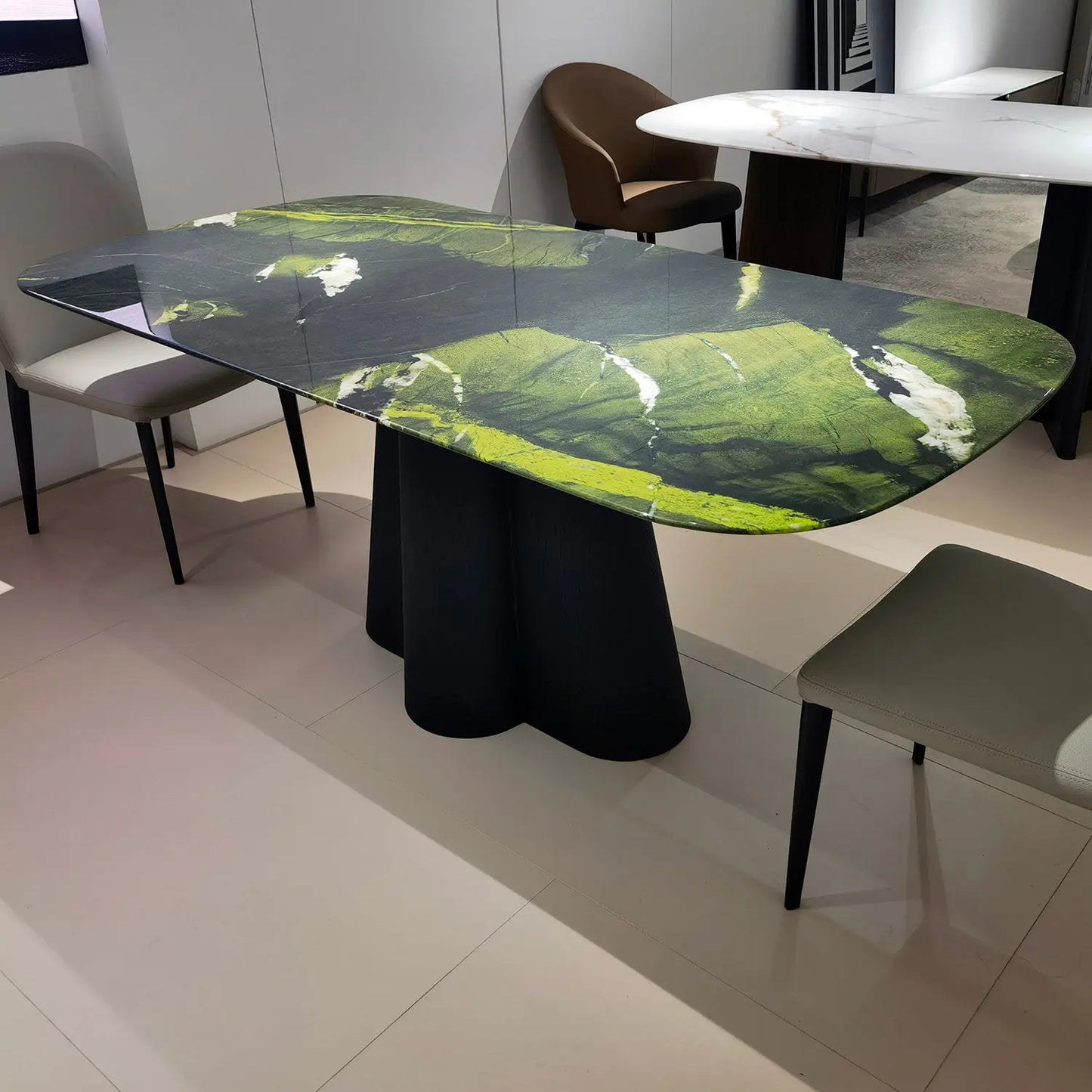 Avocado Green Modern Marble Dining Table with Sculptural Carbon Black Base 2501 Marsiling Furniture