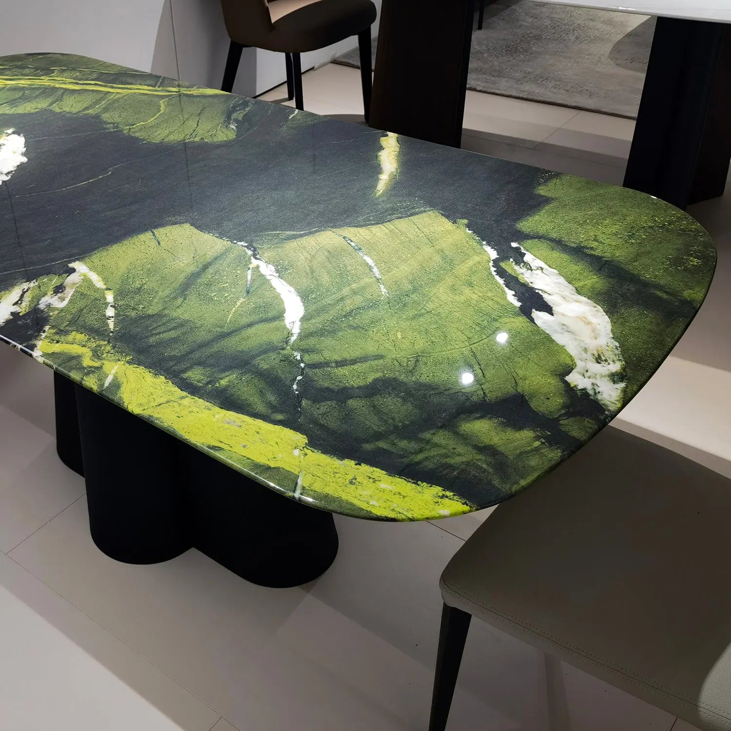Avocado Green Modern Marble Dining Table with Sculptural Carbon Black Base 2501 Marsiling Furniture