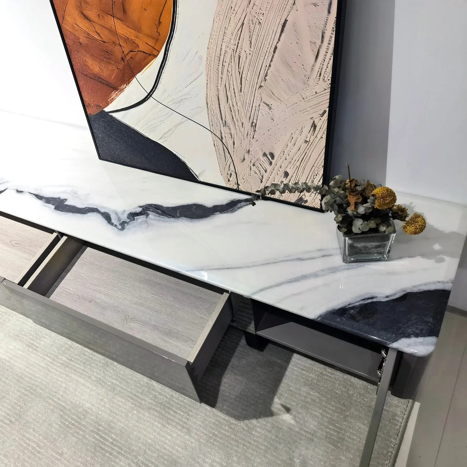 Modern Natural Marble Entertainment Center TV Table and Coffee Table Set for Living Room 2405 Marsiling Furniture