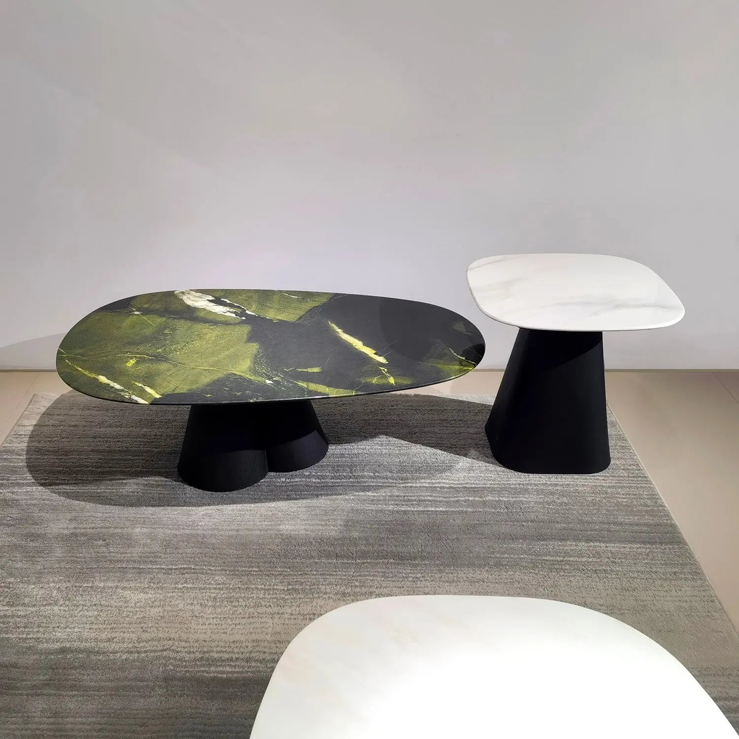 Avocado Green Natural Marble Coffee Table Set with Retro Round Black Base 2051 Marsiling Furniture