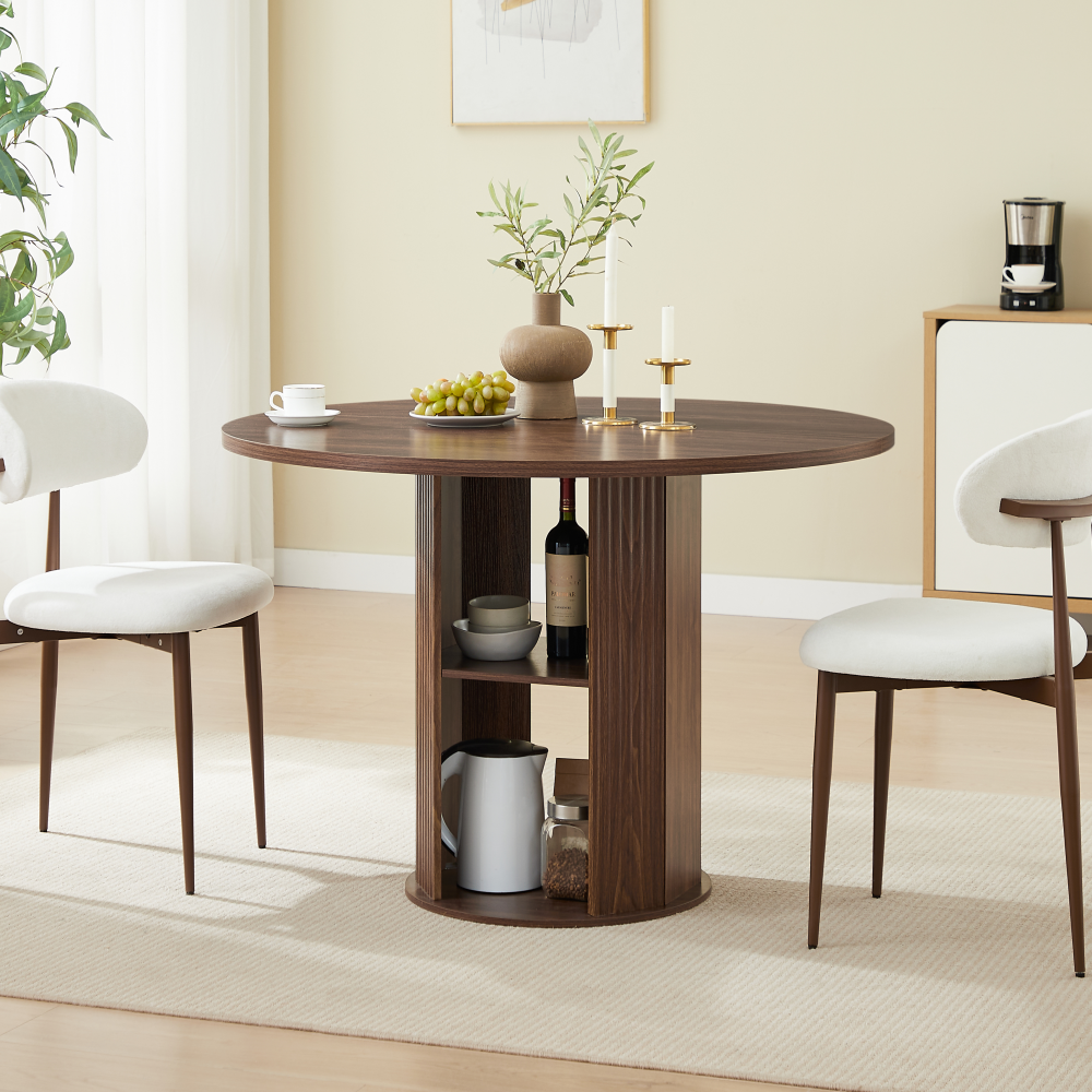 47.24" Round Dining Table (Serves 2–4) with 2 Dining Chairs Blends modern and farmhouse styles, featuring a double-tiered storage shelf, suitable for dining rooms or living spaces.Walnut