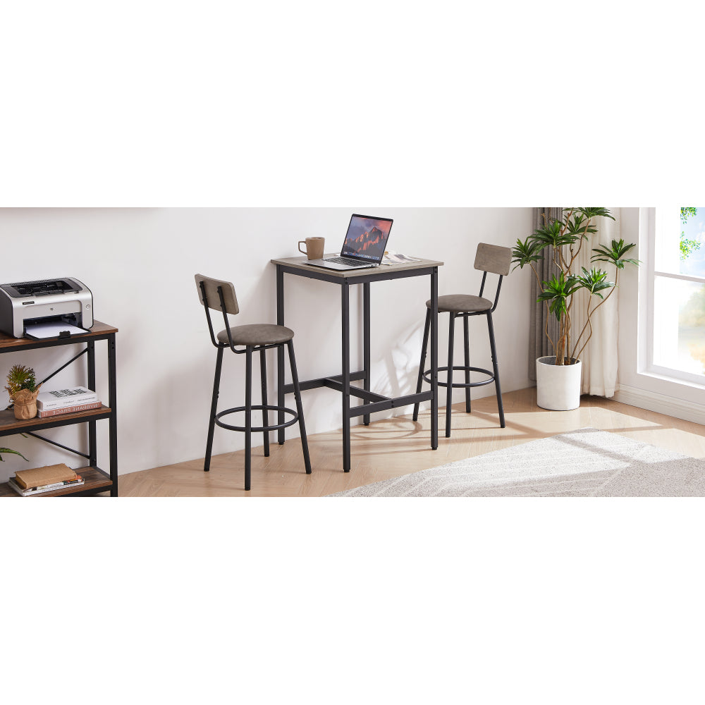 Bar Table Set with 2 Bar stools PU Soft seat with backrest, Grey, 23.62'' W x 23.62'' D x 35.43'' H