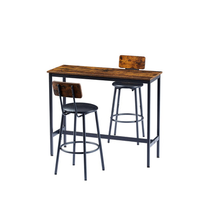 Bar Table Set with 2 Bar stools PU Soft seat with backrest, Rustic Brown, 43.31'' L x 15.75'' W x 35.43'' H.