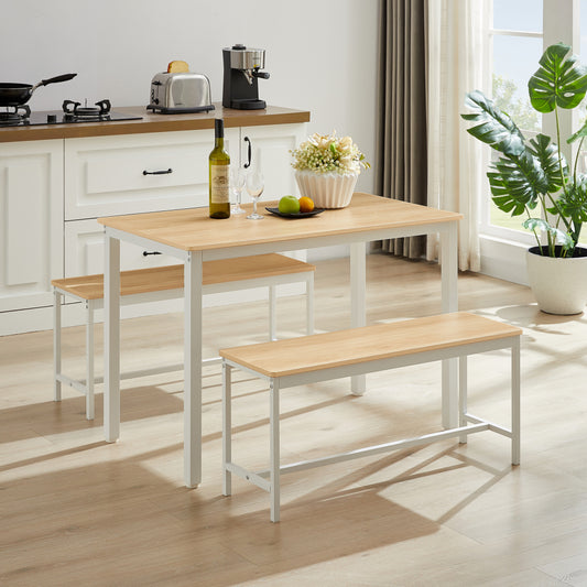 Natural & White 3-Piece Bar Table Set with 2 Dining Benches | 43" Kitchen Counter Height