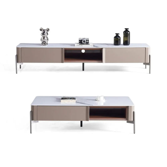 Modern Beige Minimalist TV Stand and Coffee Table with Storage Set Marsiling Furniture