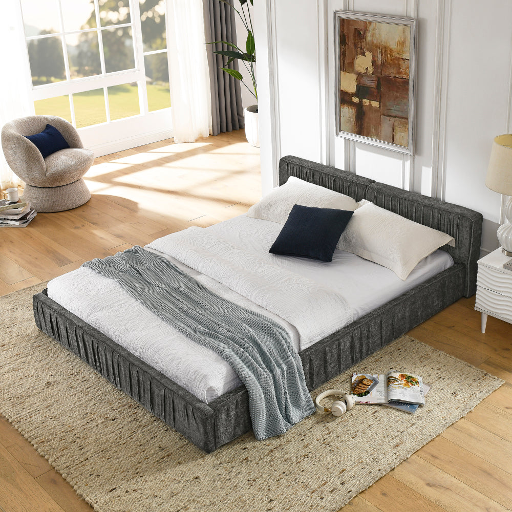 Queen Size Upholstered Bed Frame with Chenille fabric with pleated design,Grounded Queen Size Platform Bed with Headboard and Solid Frame. No Box Spring Needed-Grey(88"*67"*23.5")