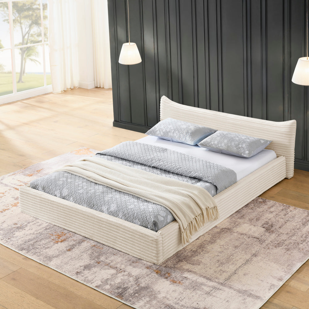 Queen Size Upholstered Bed Frame And velvet fabric,Grounded Platform Bed with Decorative Curved Headboard and Solid Wood Frame, No Box Spring Required-Beige(68''*87.75''*24.25'')