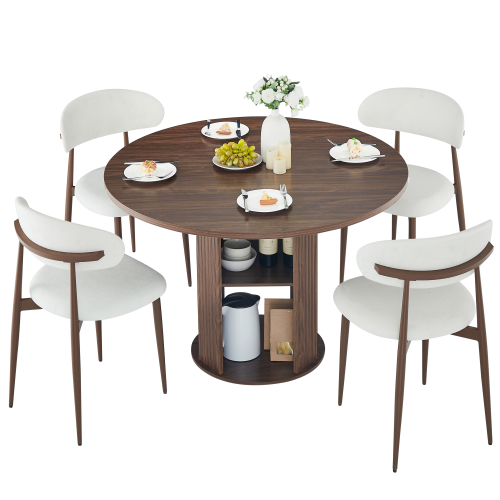 47.24" Round Dining Table (Serves 2–4) with 2 Dining Chairs Blends modern and farmhouse styles, featuring a double-tiered storage shelf, suitable for dining rooms or living spaces.Walnut