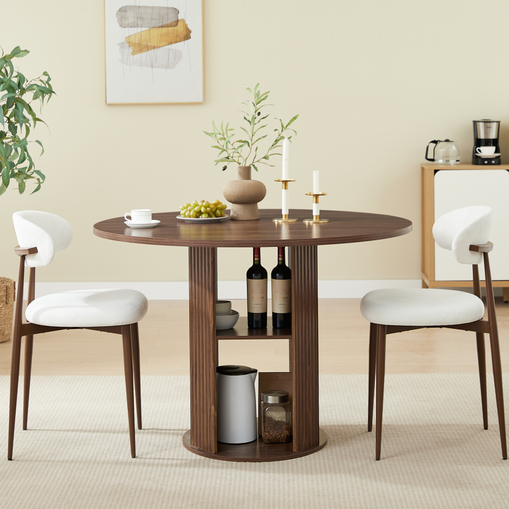47.24" Round Dining Table (Serves 2–4) with 2 Dining Chairs Blends modern and farmhouse styles, featuring a double-tiered storage shelf, suitable for dining rooms or living spaces.Walnut