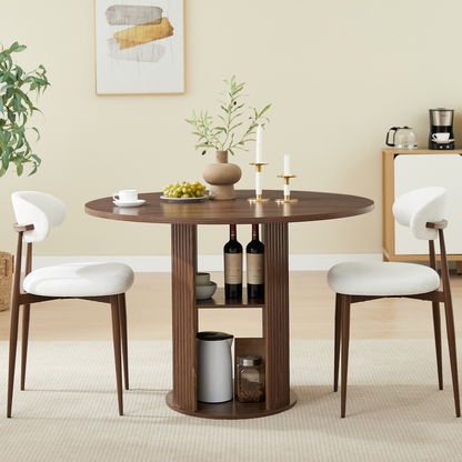 47.24" Round Dining Table (Serves 2–4) with 2 Dining Chairs Blends modern and farmhouse styles, featuring a double-tiered storage shelf, suitable for dining rooms or living spaces.Walnut
