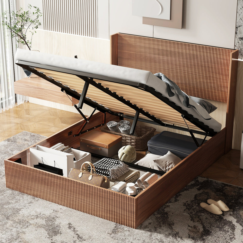 Large grooved undulating lift storage bed frame, wooden platform bed frame with lift storage, no spring box required/no noise, rustic brown slatted natural wood(
Queen)