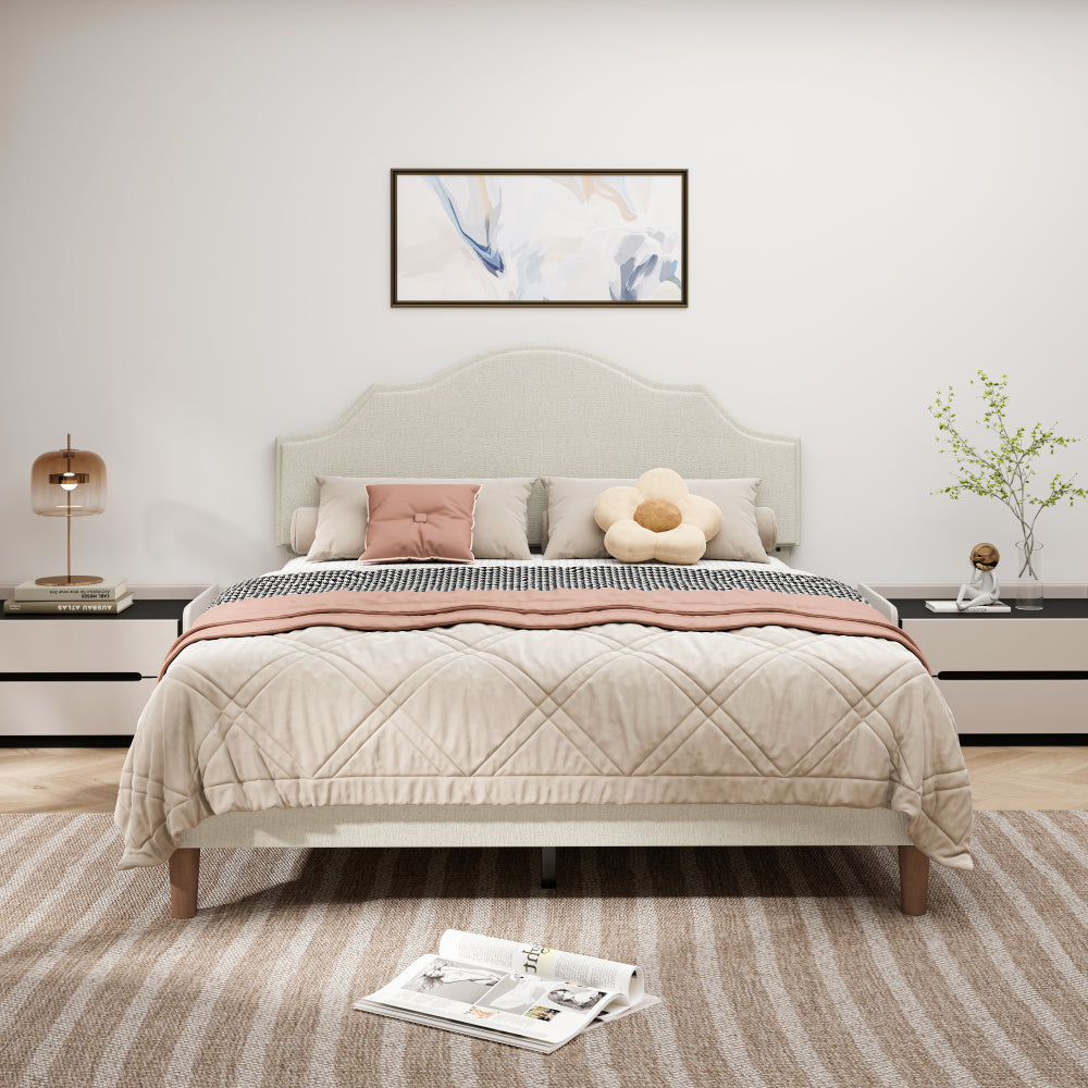 Queen Size Bed Frame Upholstered Platform Bed with Adjustable Headboard,Linen Fabric Padded,Modern Simple Style Platform Bed No Box Spring Needed, Easy Assembly, Beige