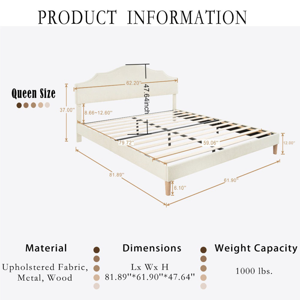 Queen Size Bed Frame Upholstered Platform Bed with Adjustable Headboard,Linen Fabric Padded,Modern Simple Style Platform Bed No Box Spring Needed, Easy Assembly, Beige