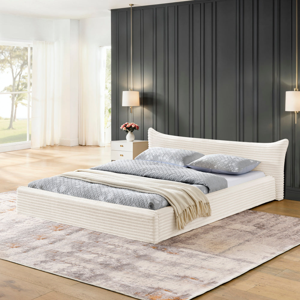 Queen Size Upholstered Bed Frame And velvet fabric,Grounded Platform Bed with Decorative Curved Headboard and Solid Wood Frame, No Box Spring Required-Beige(68''*87.75''*24.25'')