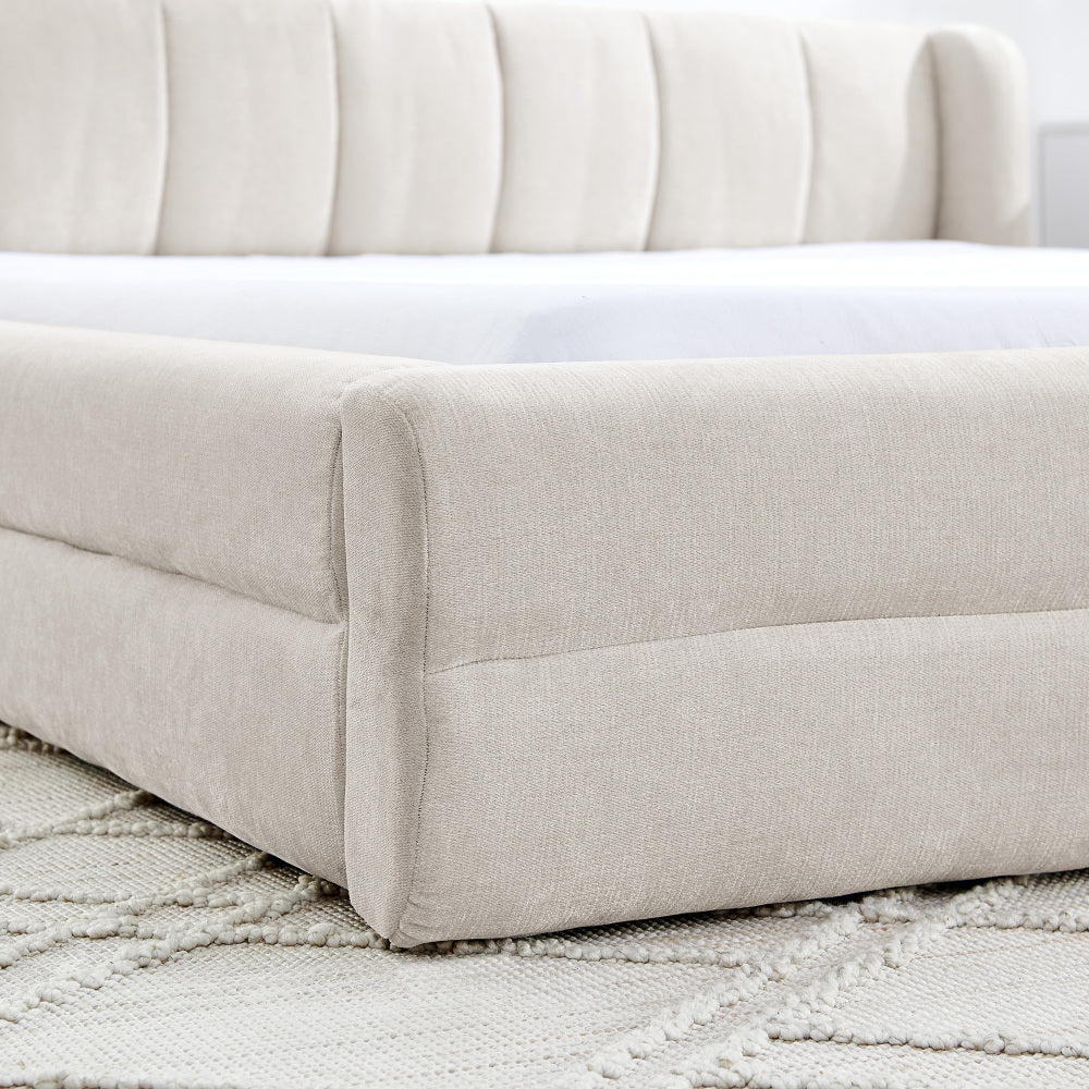 Queen Size Upholstered Bed Frame with Thick Fabric, Chenille Fabric Grounded Queen Size Platform Bed with Headboard and Solid Frame-Beige(87''*67''*23.5'')