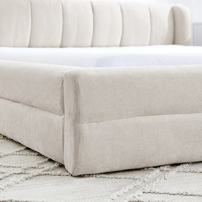 Queen Size Upholstered Bed Frame with Thick Fabric, Chenille Fabric Grounded Queen Size Platform Bed with Headboard and Solid Frame-Beige(87''*67''*23.5'')