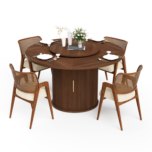 55" Round Dining Table for 6 with Rotating Tray & Double-Tier Storage Rack