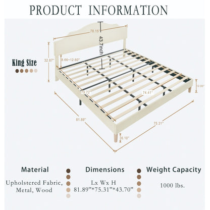 King Size Bed Frame Upholstered Platform Bed with Adjustable Headboard,Linen Fabric Padded,Modern Simple Style Platform Bed No Box Spring Needed, Easy Assembly, Beige
