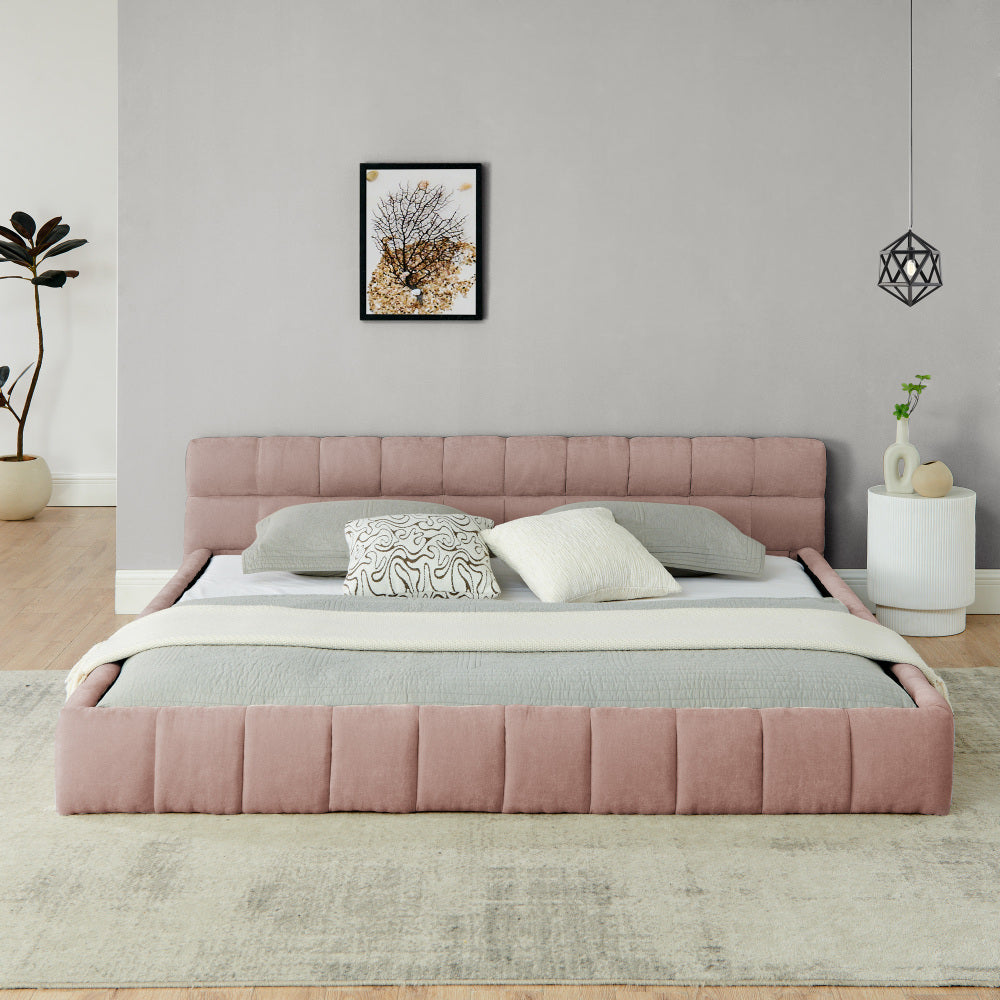 King size  Upholstered Bed Frame with Thick Fabric, Chenille Fabric Grounded Queen Size Platform Bed with Headboard and Solid Frame. No Box Spring Needed-Pink(88.5''*85.5''*24'')