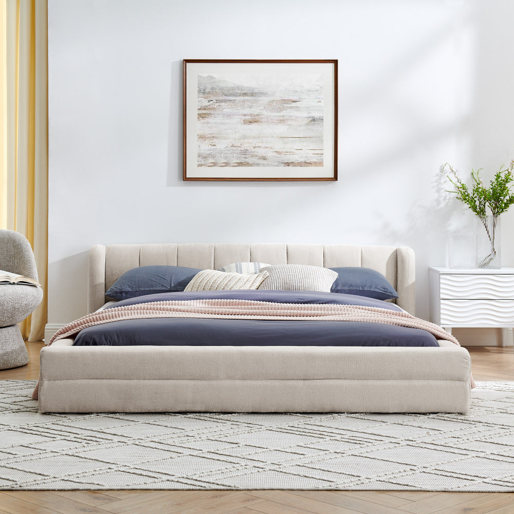Queen Size Upholstered Bed Frame with Thick Fabric, Chenille Fabric Grounded Queen Size Platform Bed with Headboard and Solid Frame-Beige(87''*67''*23.5'')