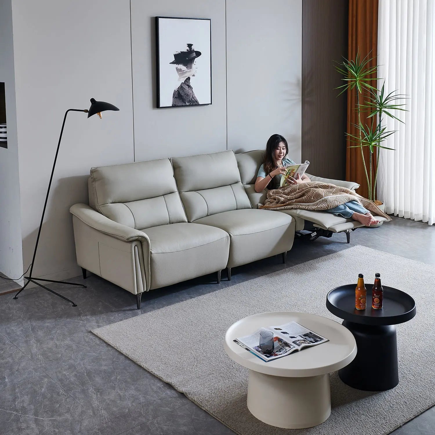 Contemporary Cream Genuine Leather Modular Couch Set Electric Function Recliner Sofa with USB Charging Marsiling Furniture