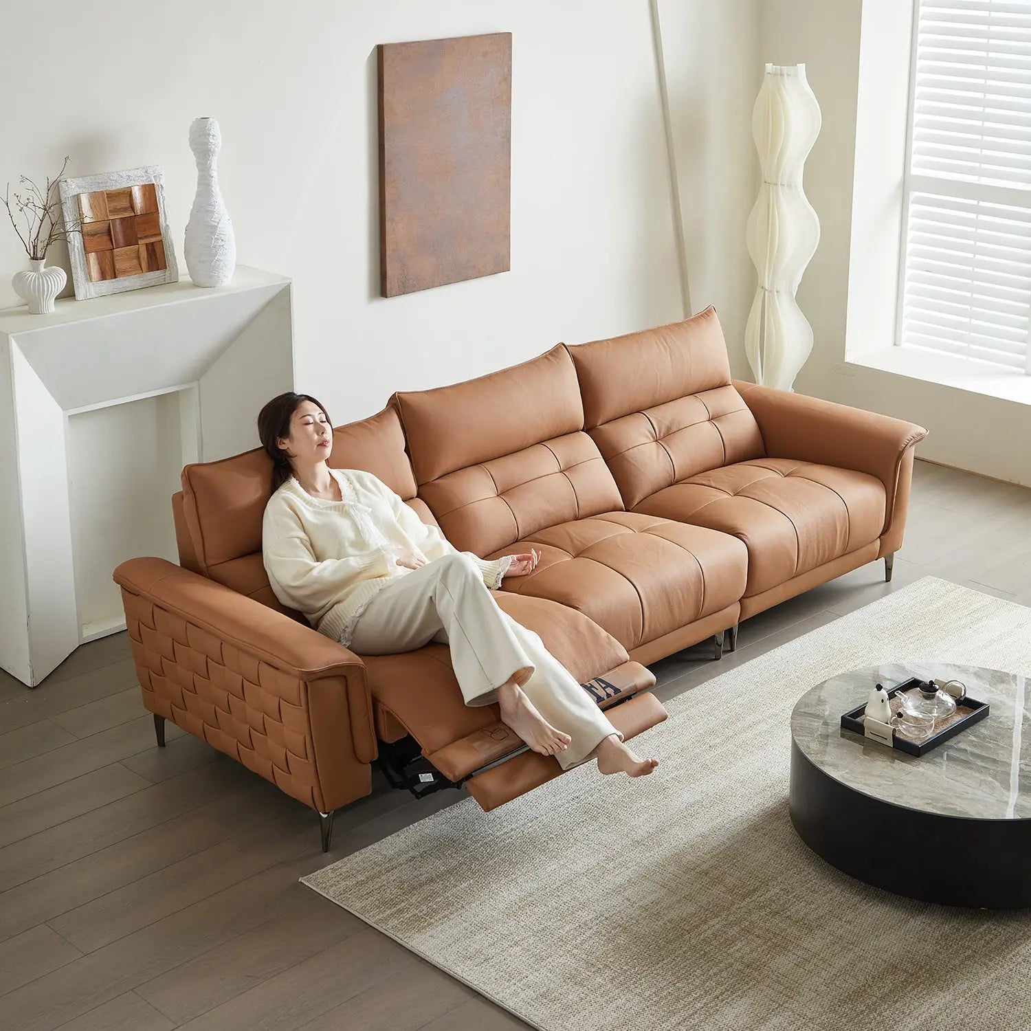 Orange 3+1 Seater Home Theater Chair Living Room Set Genuine Leather Massage Foldable Powered Sofa Marsiling Furniture