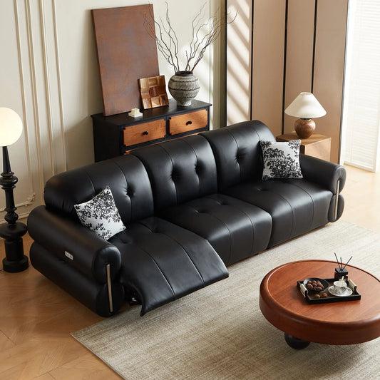 Smart Sofa Electric Multifunctional Leather Sofa Retro Style Living Room Black Top Layer Cowhide Sofa Bed Marsiling Furniture