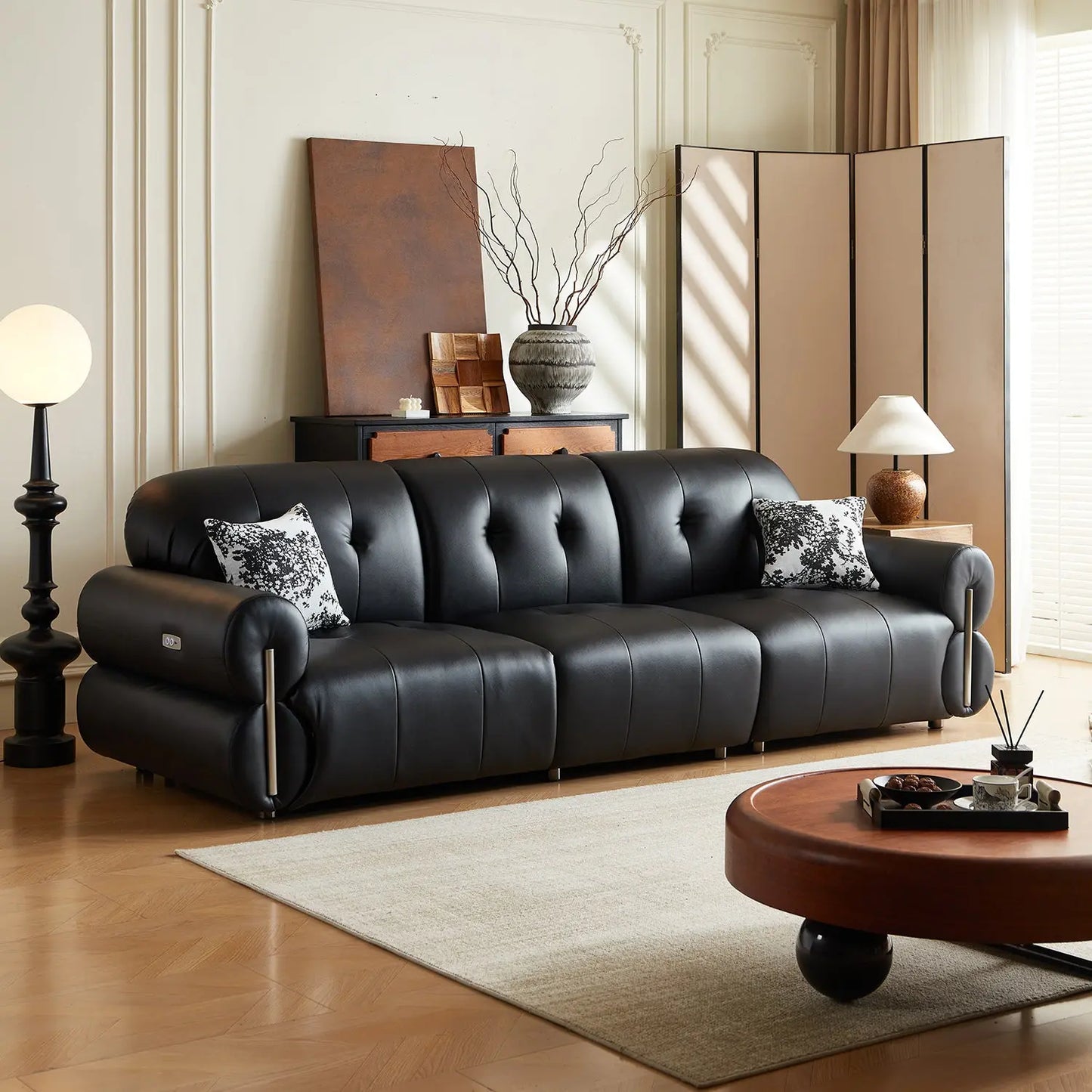 Smart Sofa Electric Multifunctional Leather Sofa Retro Style Living Room Black Top Layer Cowhide Sofa Bed Marsiling Furniture