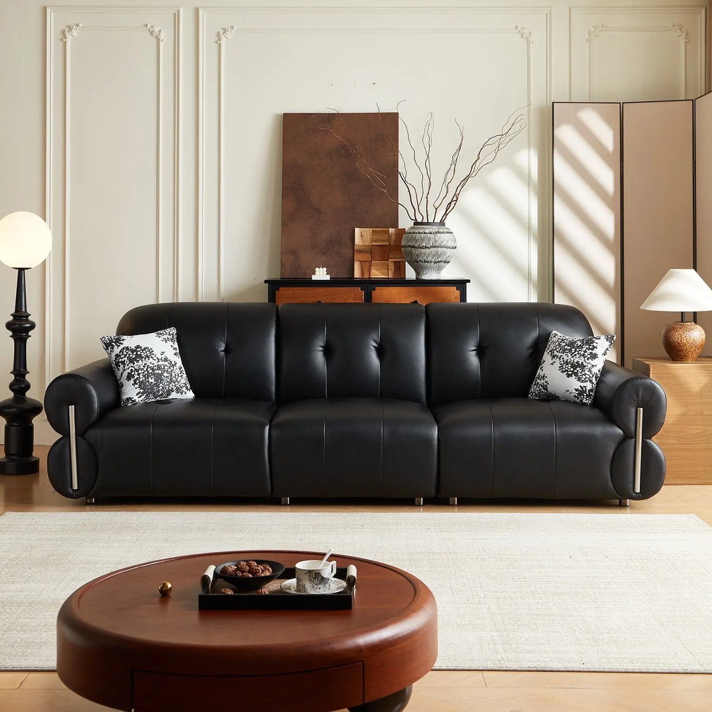 Smart Sofa Electric Multifunctional Leather Sofa Retro Style Living Room Black Top Layer Cowhide Sofa Bed Marsiling Furniture