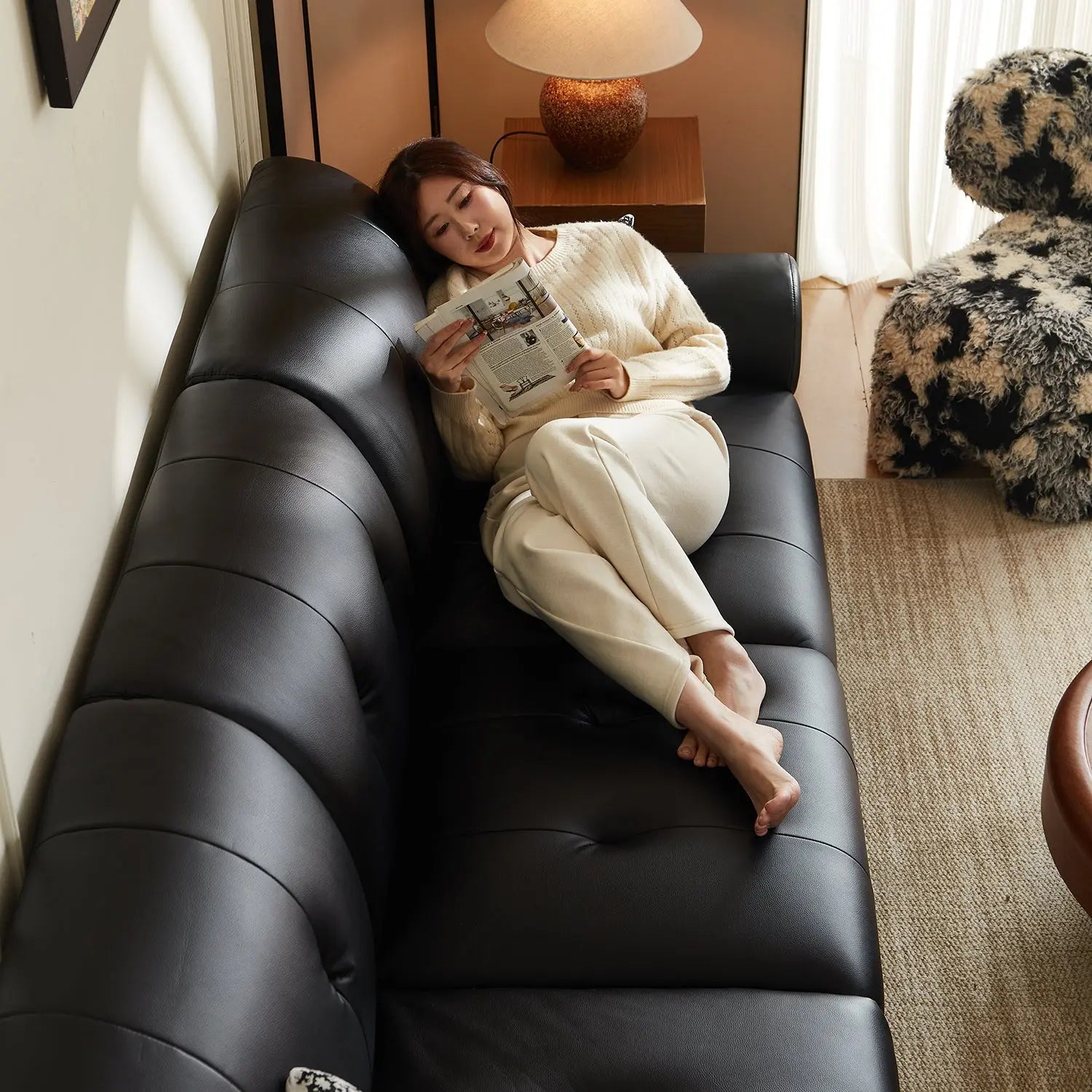 Smart Sofa Electric Multifunctional Leather Sofa Retro Style Living Room Black Top Layer Cowhide Sofa Bed Marsiling Furniture