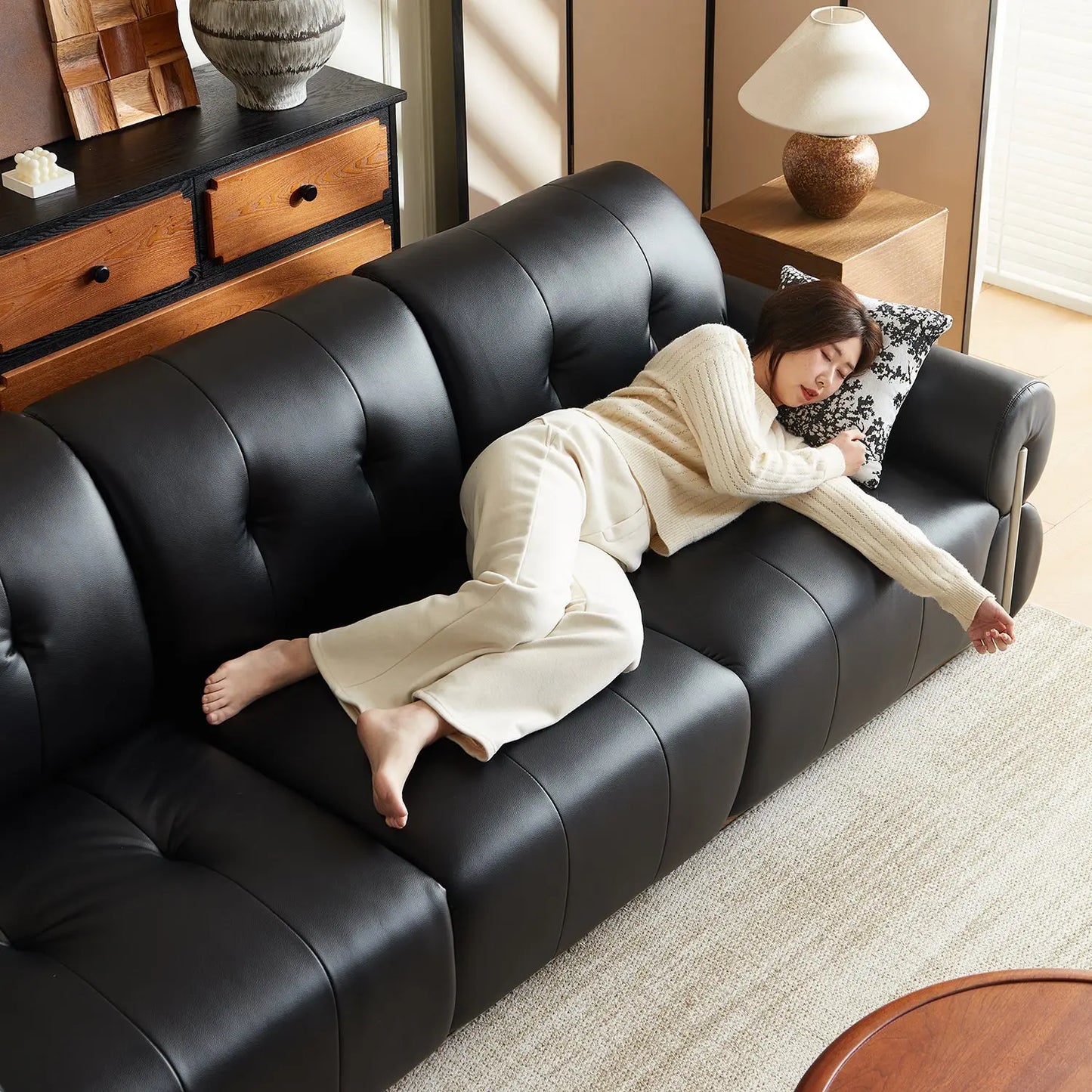 Smart Sofa Electric Multifunctional Leather Sofa Retro Style Living Room Black Top Layer Cowhide Sofa Bed Marsiling Furniture