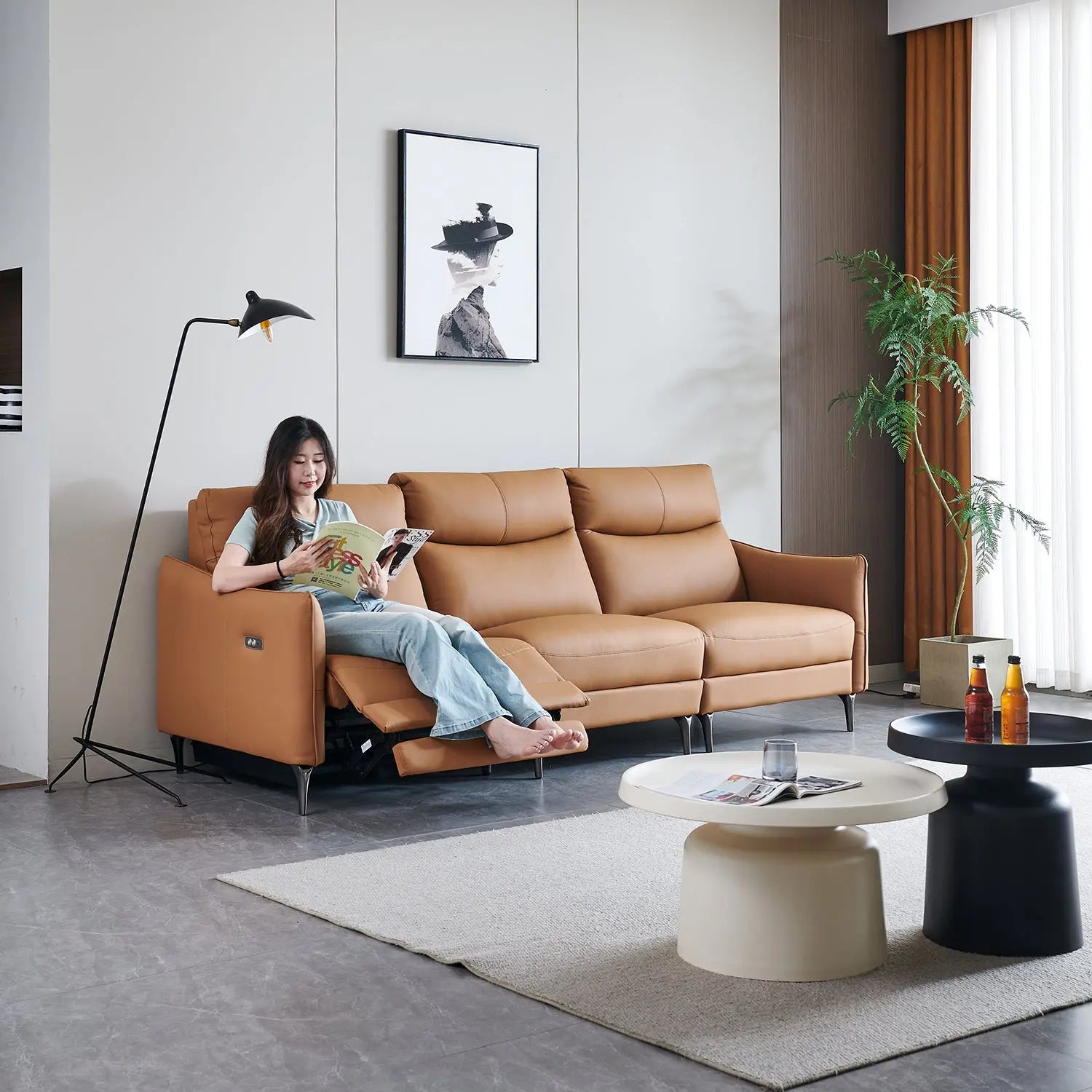 Upholstery Modern Sectional 3-Seater Functional Grain Leather Sofa for Home Living Room Marsiling Furniture