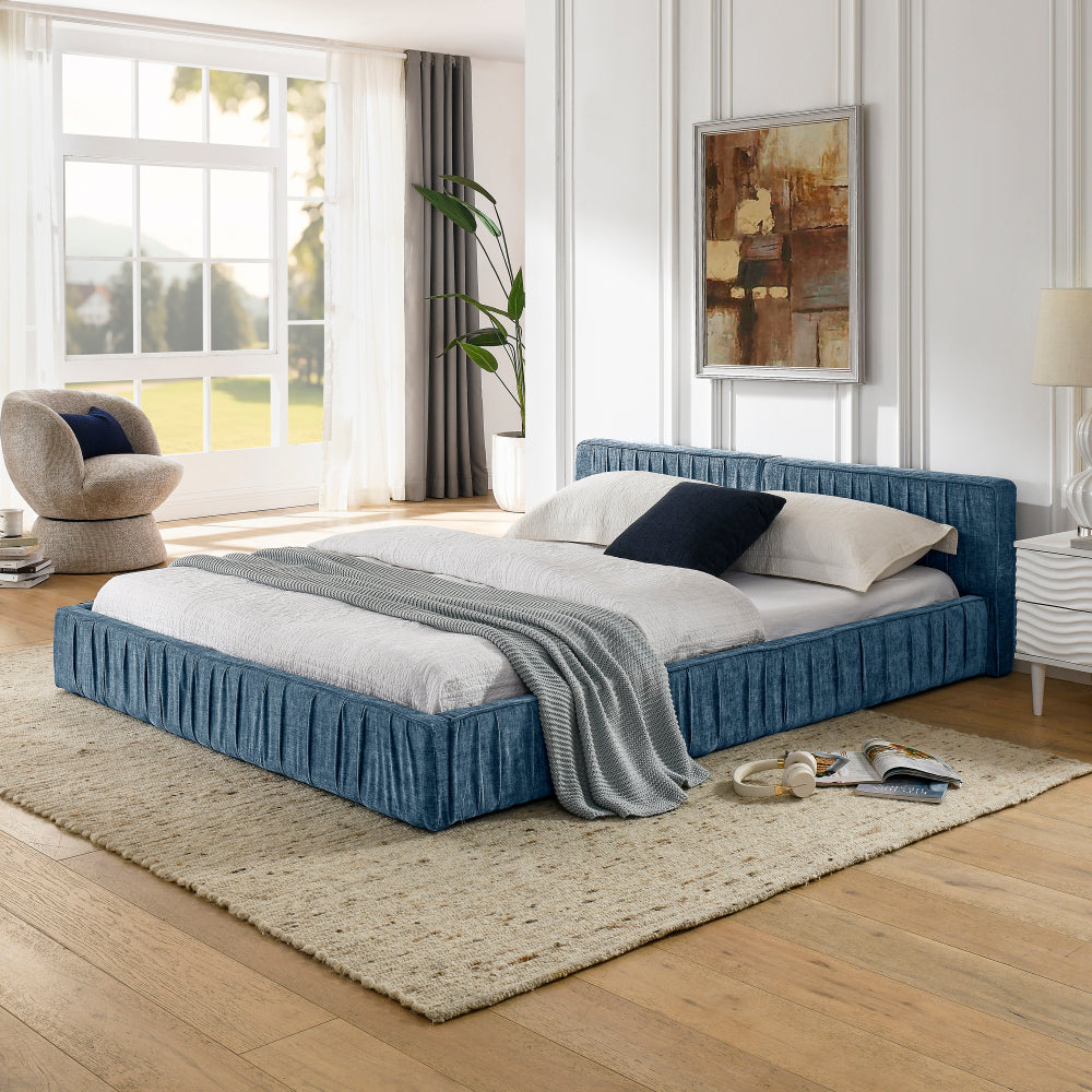 Queen Size Upholstered Bed Frame with Chenille fabric with pleated design,Grounded Queen Size Platform Bed with Headboard and Solid Frame. No Box Spring Needed-Grey(88"*67"*23.5")
