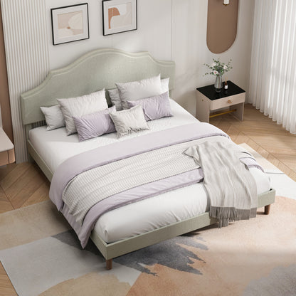 King Size Bed Frame Upholstered Platform Bed with Adjustable Headboard,Linen Fabric Padded,Modern Simple Style Platform Bed No Box Spring Needed, Easy Assembly, Beige