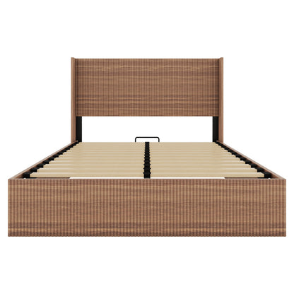 Large grooved undulating lift storage bed frame, wooden platform bed frame with lift storage, no spring box required/no noise, rustic brown slatted natural wood(
Queen)